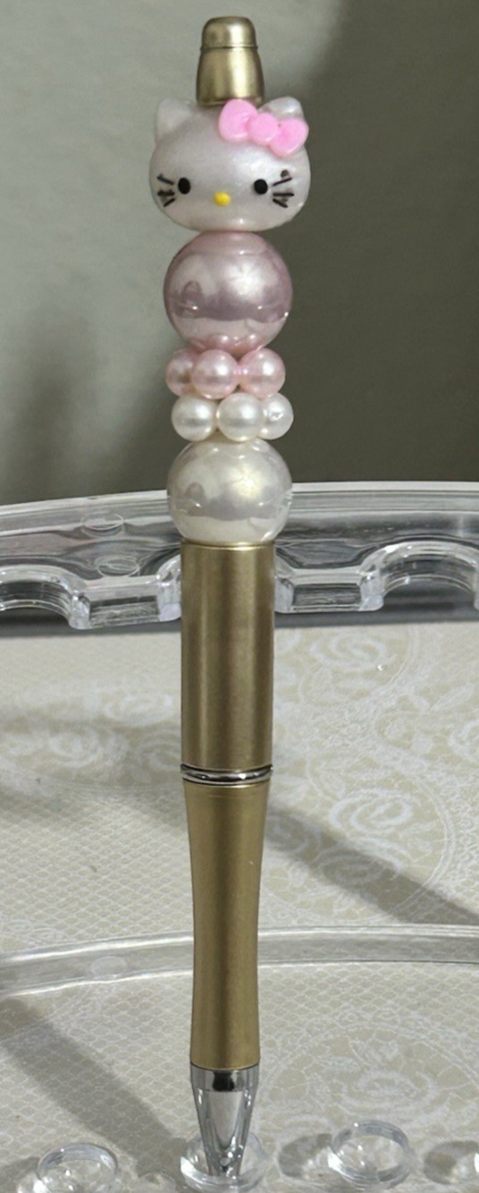 Custom Beaded Pen Hello Kitty Cat Metallic Pink Pearls Bead Handmade